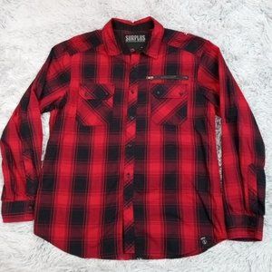Surplus Mens Shirt Button Up Red Large Plaid Zip‎ Faux Pocket Long Sleeve